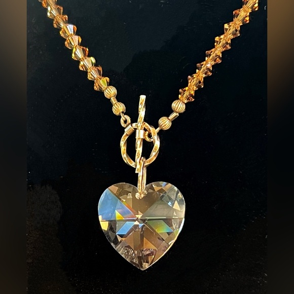 Crystal Swarovski Heart Faux Champagne Pearl Choker Necklace - Picture 4 of 9